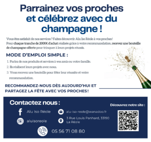 🥂 Parrainez vos proches et célébrez avec du champagne ! 🎉 Recevez une bouteille de champagne offerte pour chaque tranche de 2000€ d’achat réalisée grâce à votre recommandation.🏡✨